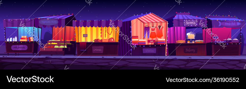 Night fair outdoor market stalls booths kiosks Night fair outdoor market stalls booths kiosks vector image