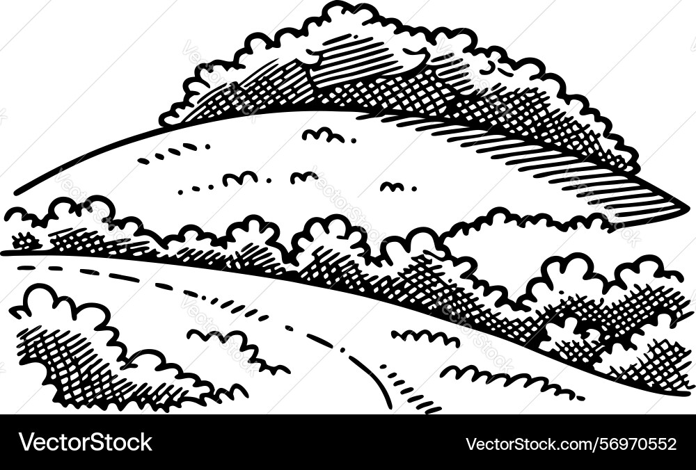 Rolling hills and winding path with shrubbery Rolling hills and winding path with shrubbery vector image