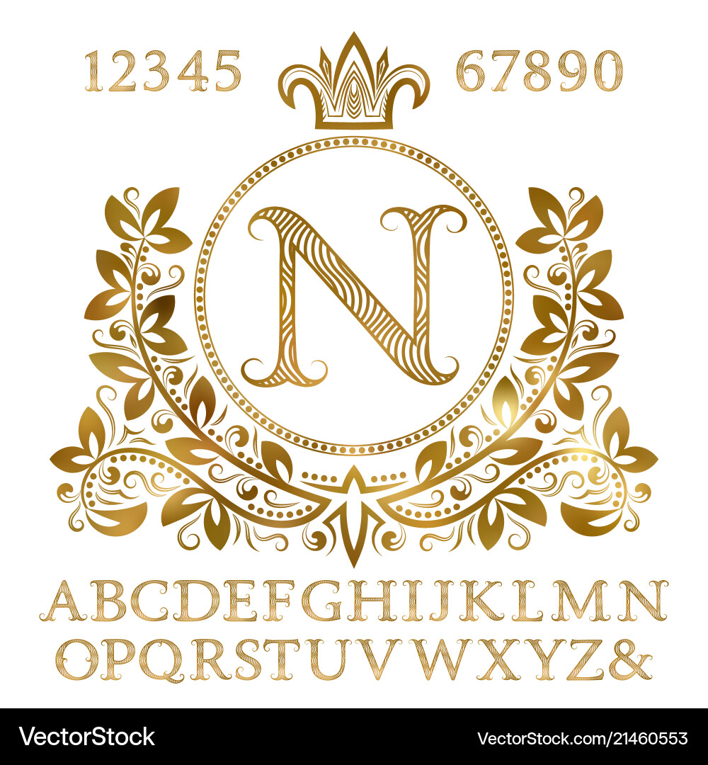 Golden letters and numbers with initial monogram Vector Image