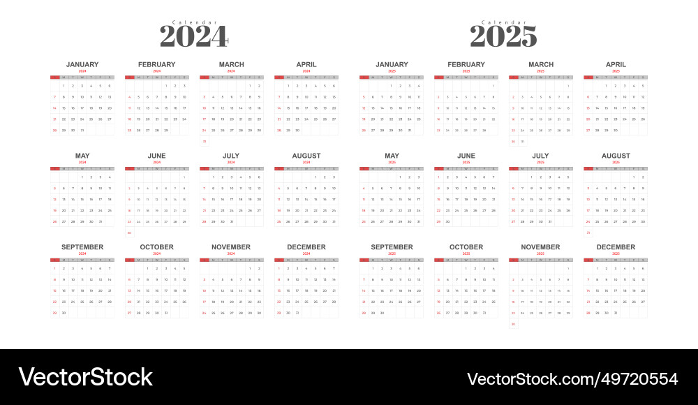 Calendar 2024 and 2025 template Royalty Free Vector Image