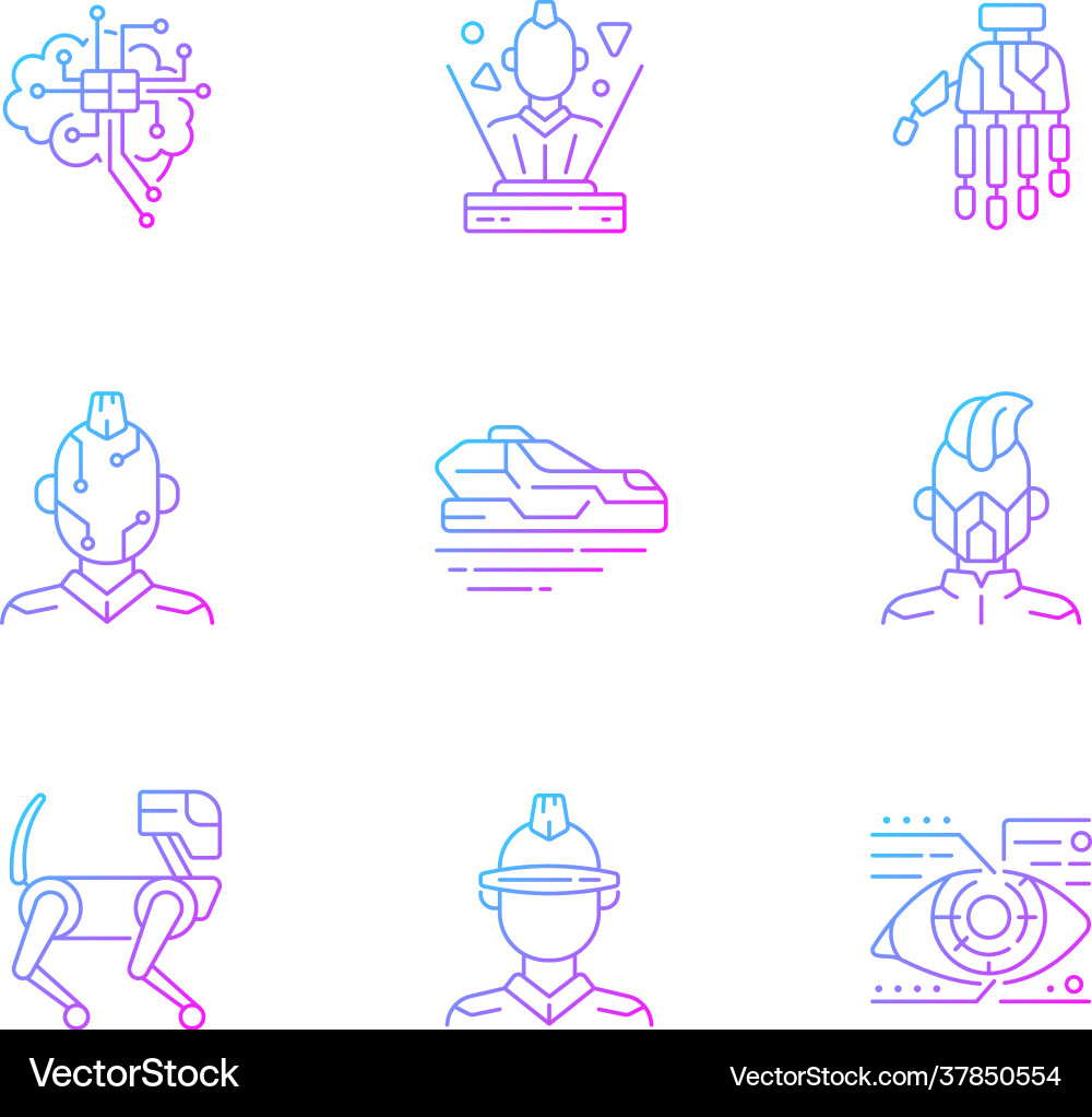Cyberpunk attributes gradient linear icons set Cyberpunk attributes gradient linear icons set vector image