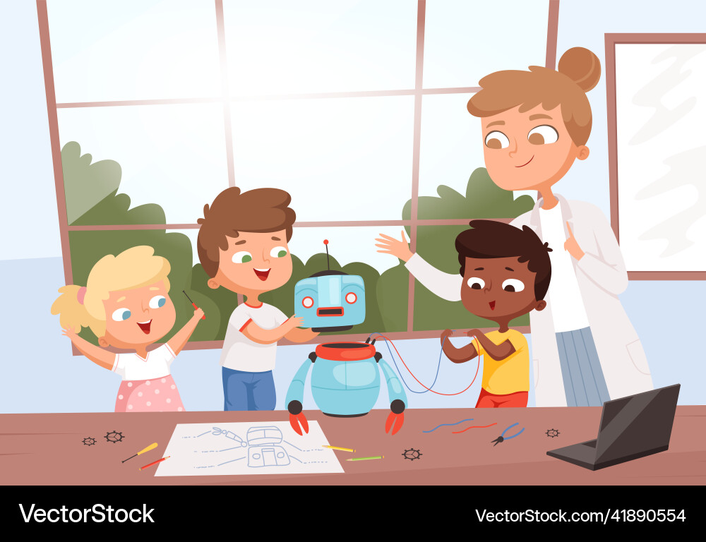 Kids with teacher robot programming future Kids with teacher robot programming future vector image