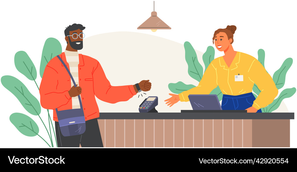 Man with smart watch pays via pos terminal Man with smart watch pays via pos terminal vector image