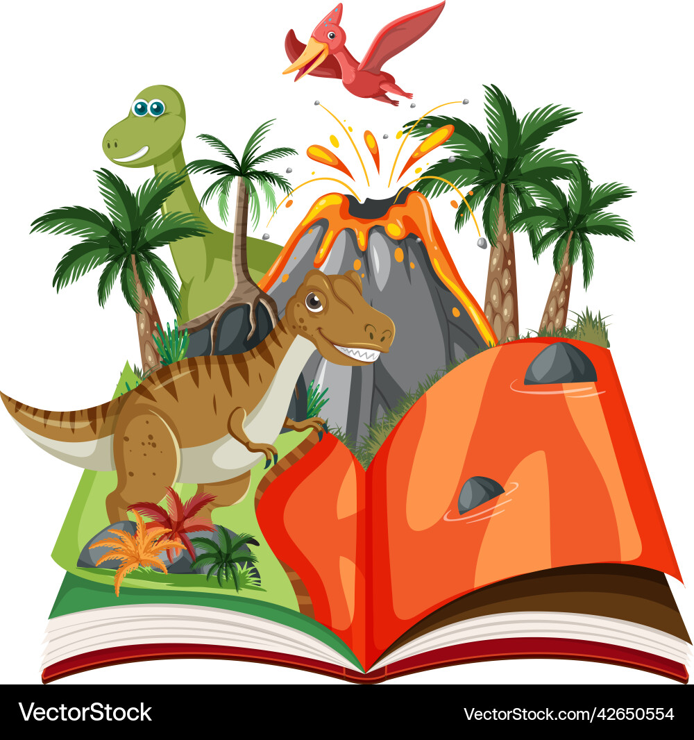 Opened book with dinosaur in prehistoric forest Opened book with dinosaur in prehistoric forest vector image