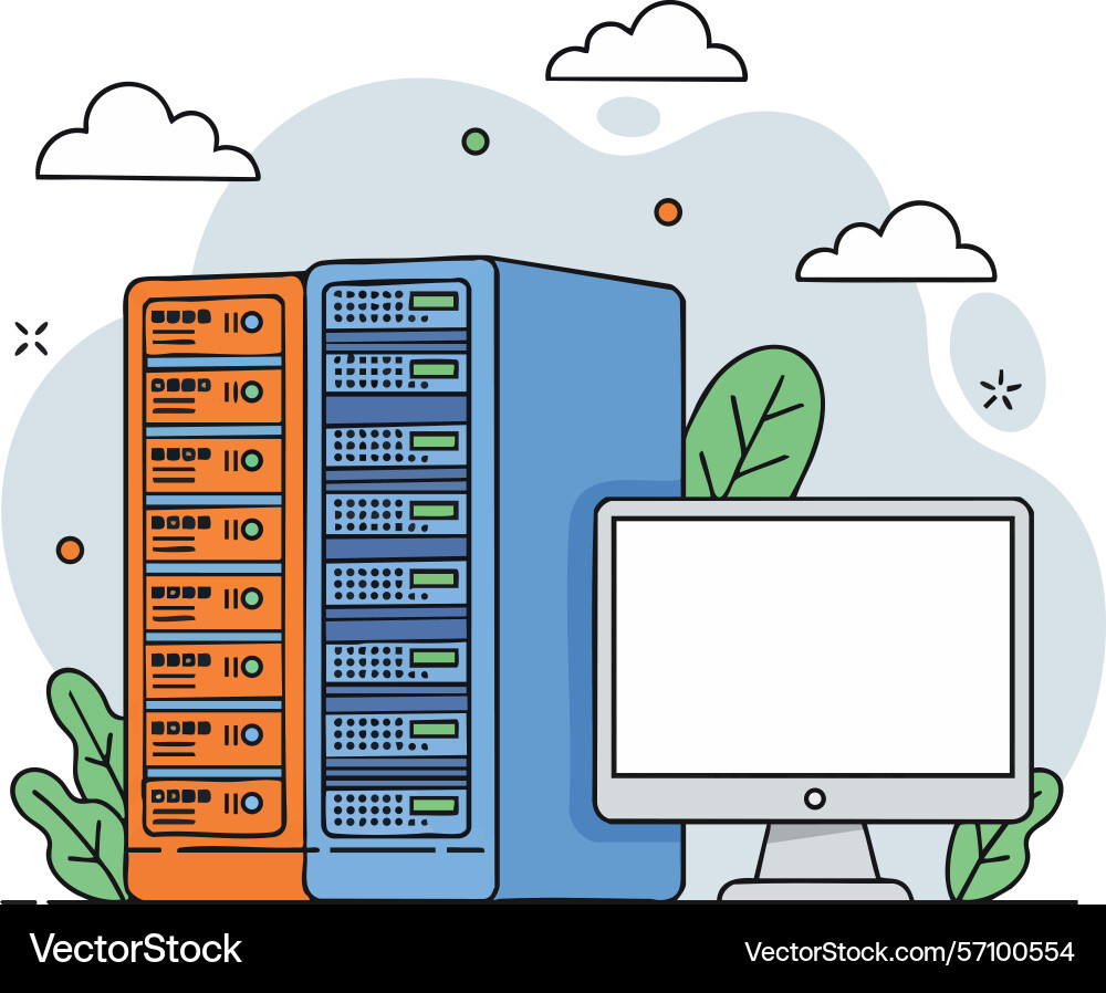 Server racks and desktop computer with green Server racks and desktop computer with green vector image