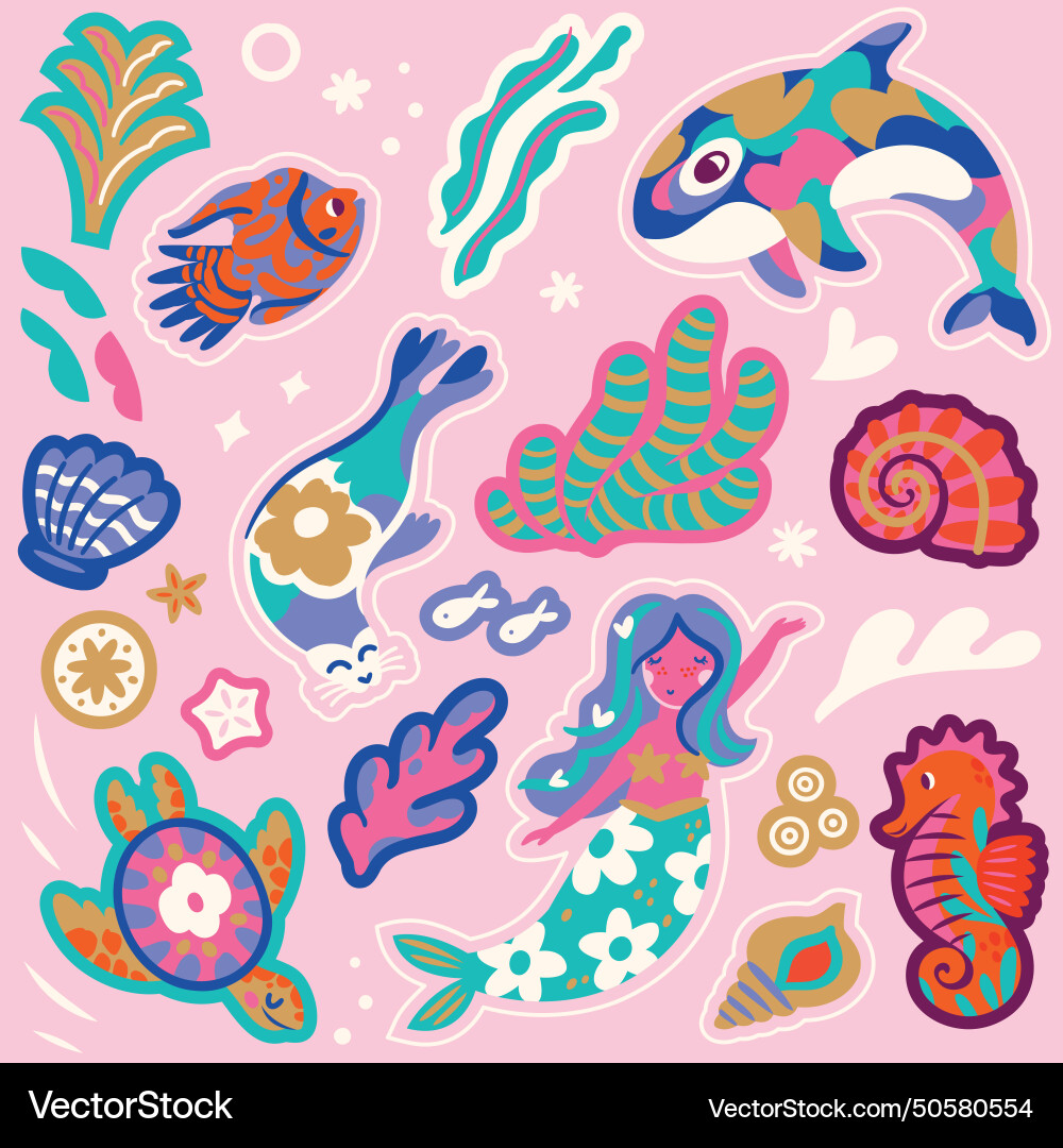 Sticker collection of wonderful whimsical ocean Sticker collection of wonderful whimsical ocean vector image