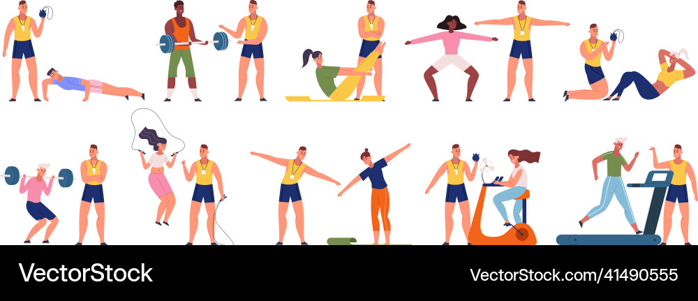 Personal fitness trainer gym workout coach scenes Personal fitness trainer gym workout coach scenes vector image