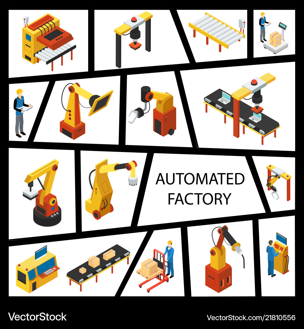 Isometric automated factory elements concept Isometric automated factory elements concept Vector Image