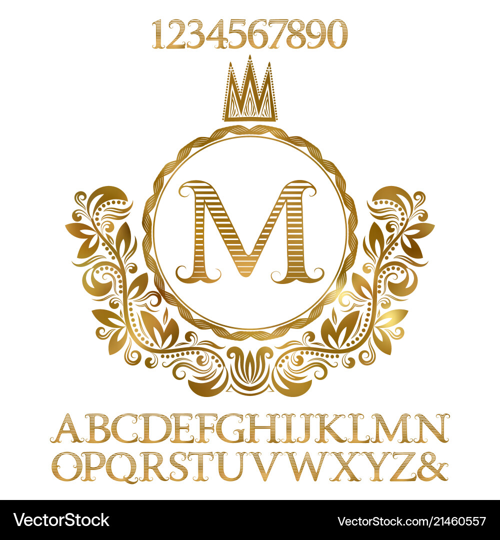 Golden letters and numbers with initial monogram Golden letters and numbers with initial monogram vector image