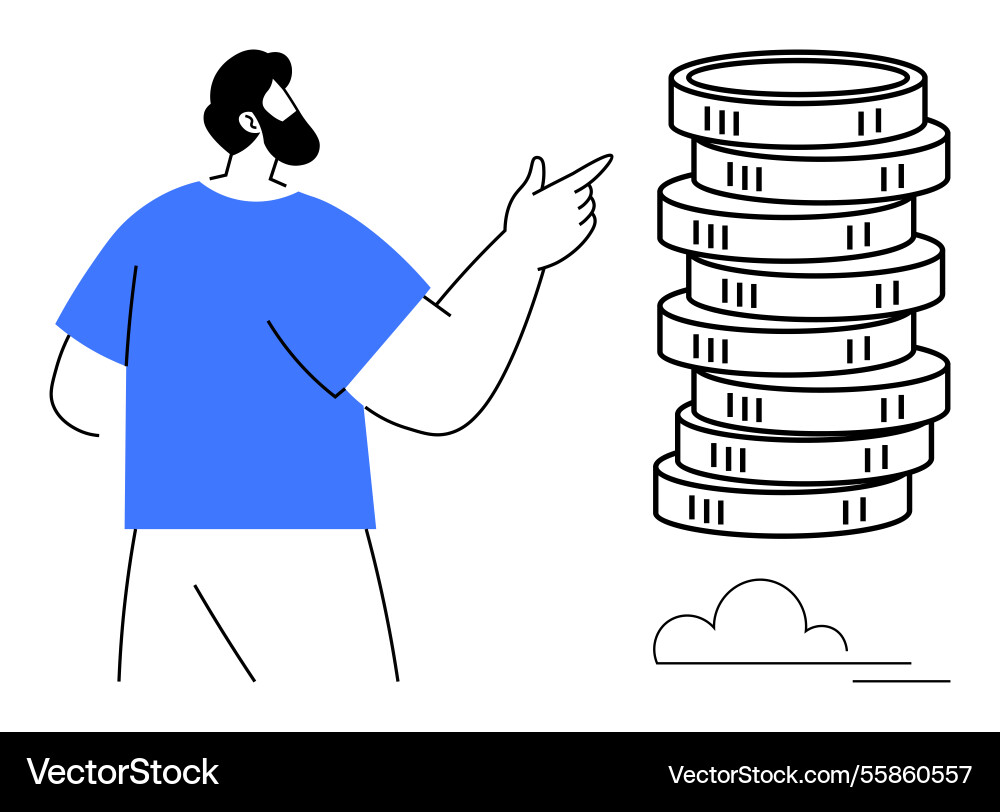 Man considering stack of coins as a metaphor Man considering stack of coins as a metaphor vector image