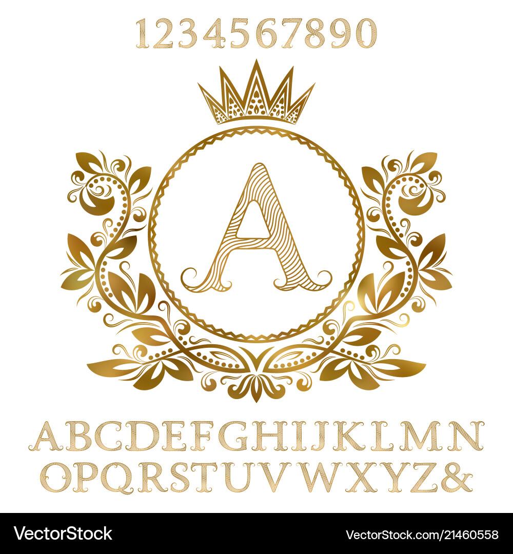Golden letters and numbers with initial monogram Golden letters and numbers with initial monogram vector image