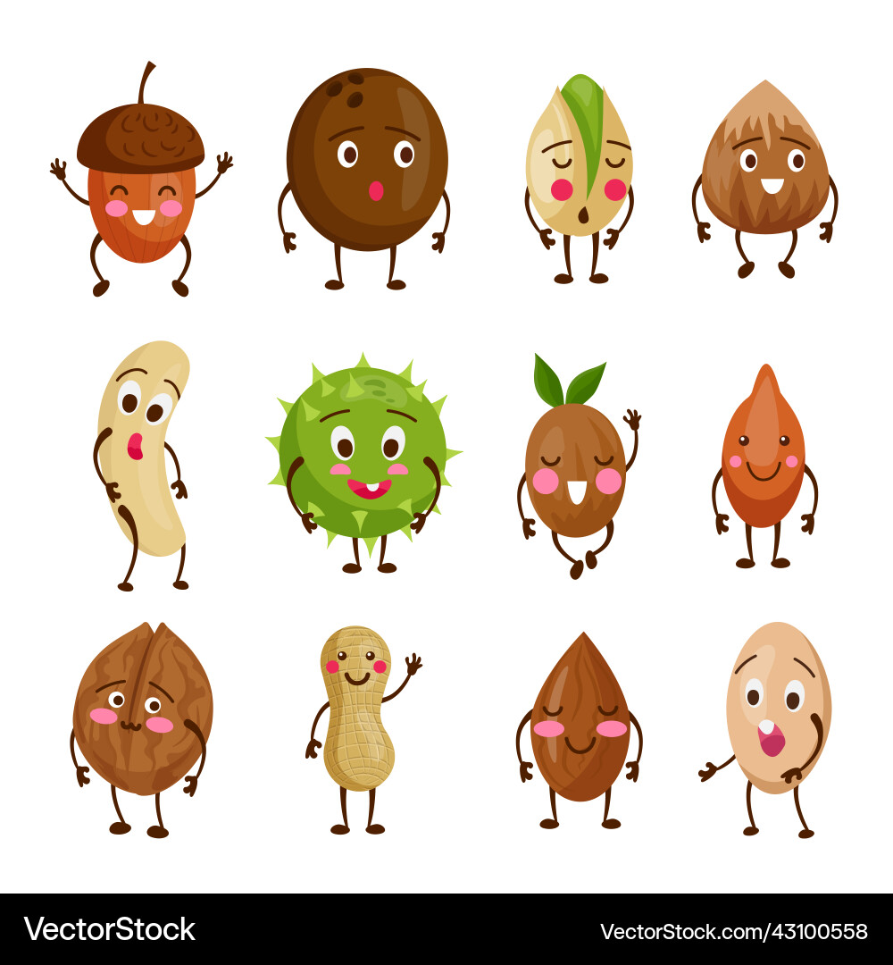 Nut characters beans with smiling faces and hands Nut characters beans with smiling faces and hands vector image