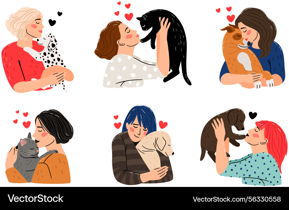 Women love dogs and cats girls hug puppies Women love dogs and cats girls hug puppies vector image