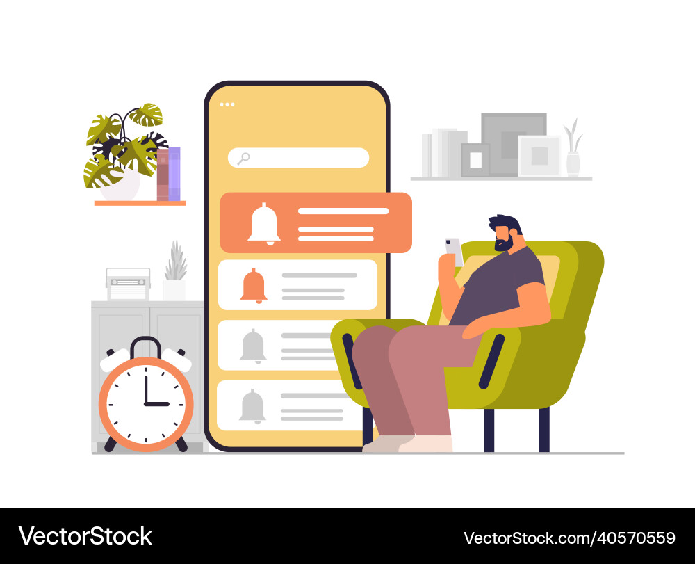 Man programming time reminder alarm on smartphone Man programming time reminder alarm on smartphone vector image