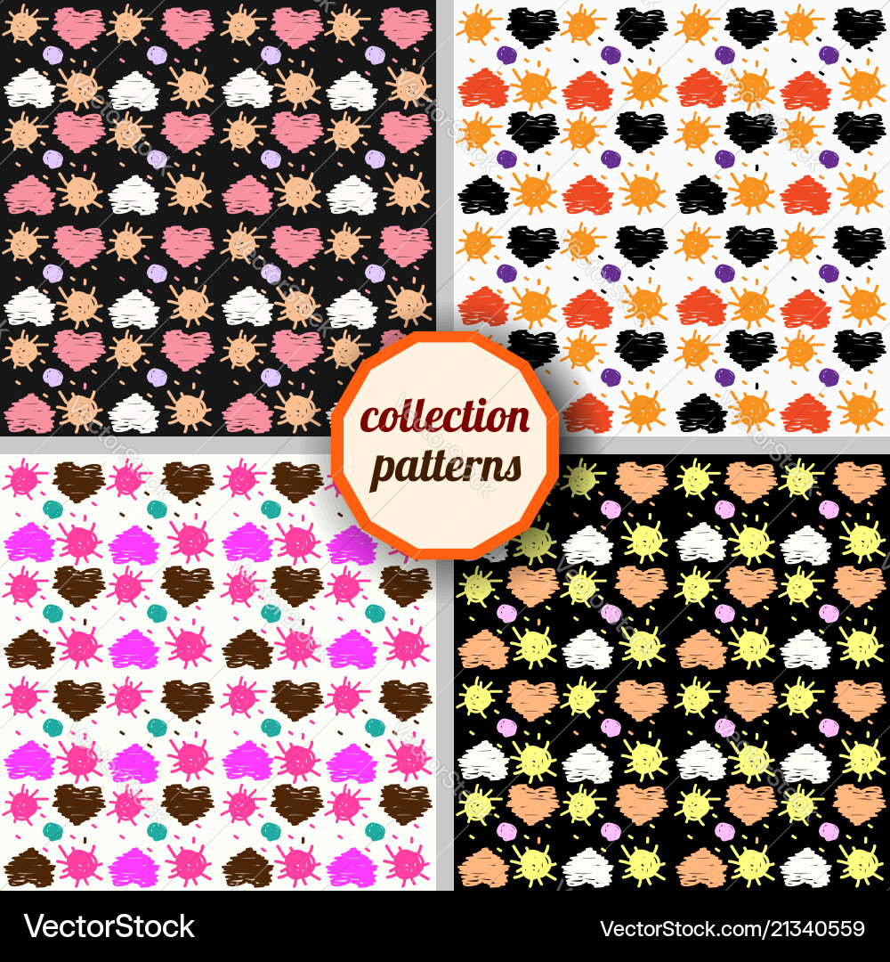 Set seamless pattern with hearts and suns Set seamless pattern with hearts and suns vector image