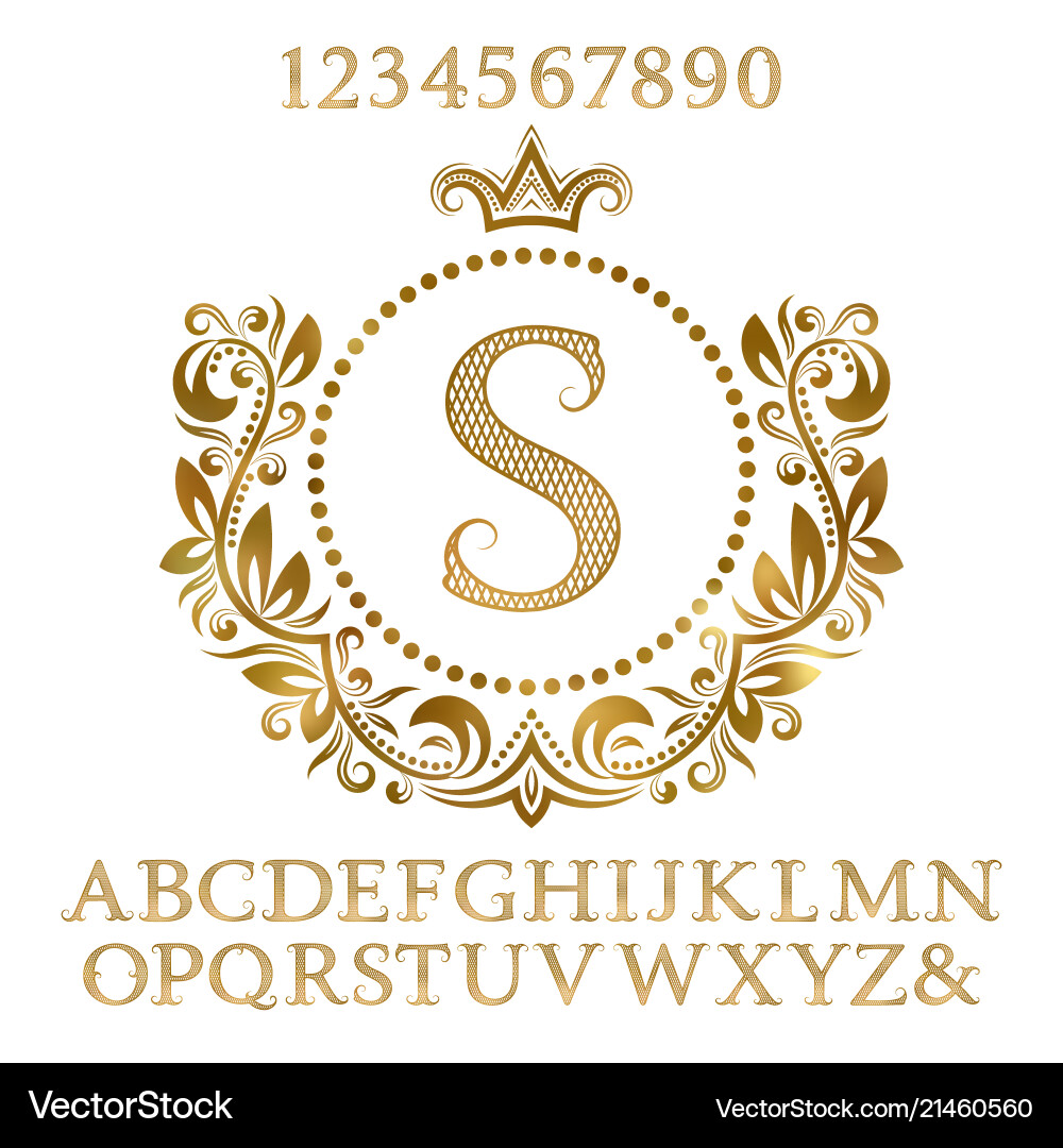 Golden letters and numbers with initial monogram Golden letters and numbers with initial monogram vector image