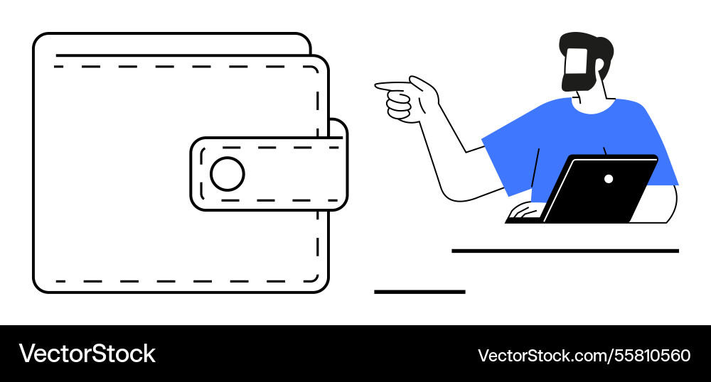 Man pointing at wallet sign with laptop in hand Vector Image