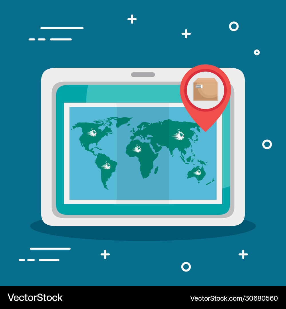 Tablet device with delivery app and map world Tablet device with delivery app and map world vector image