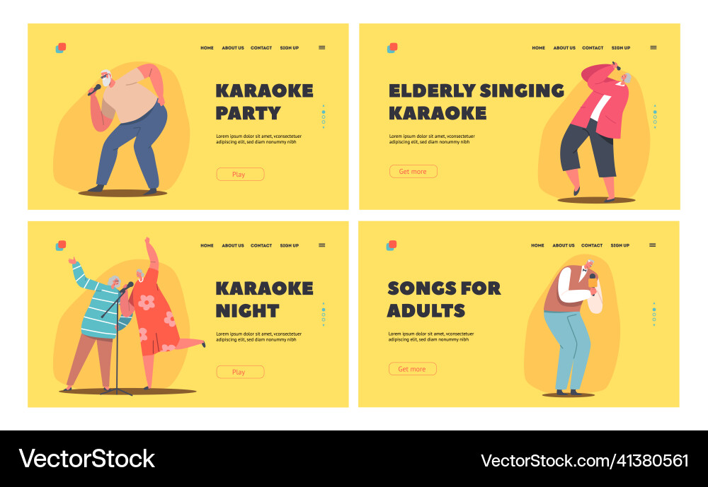 Old people singing in karaoke club landing page Old people singing in karaoke club landing page vector image
