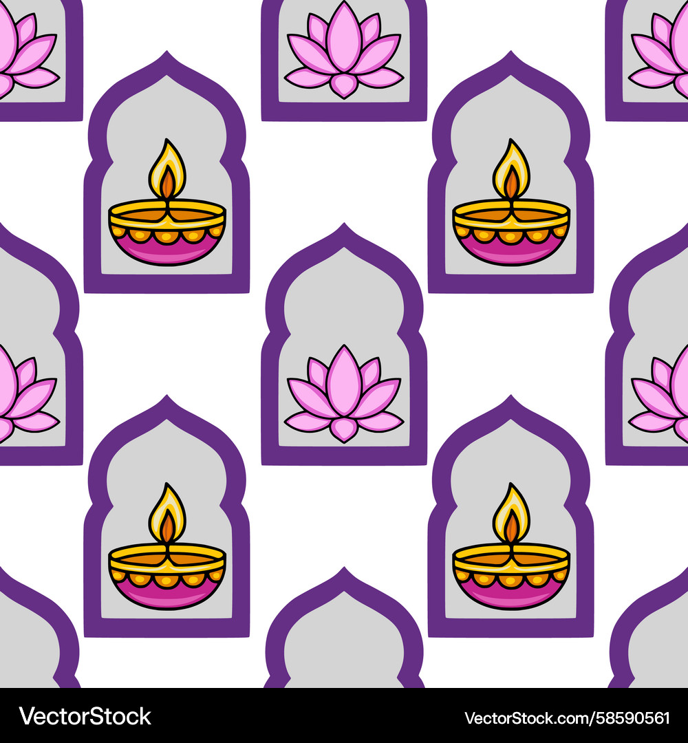 Seamless pattern featuring repeating of lit diyas Seamless pattern featuring repeating of lit diyas Vector Image
