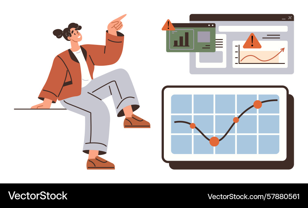 Woman analyzing data with alert graphs and charts Vector Image