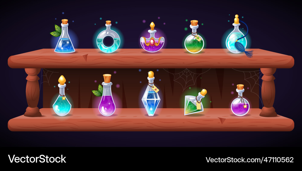 Zaubertrankregal für Alchemist Spiel dekorative Zaubertrankregal für Alchemist Spiel dekorative vektorbild