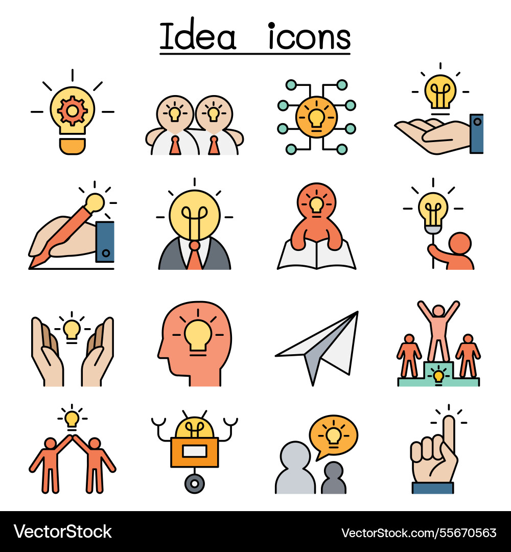 Idea and creative icon set in color line style Idea and creative icon set in color line style vector image