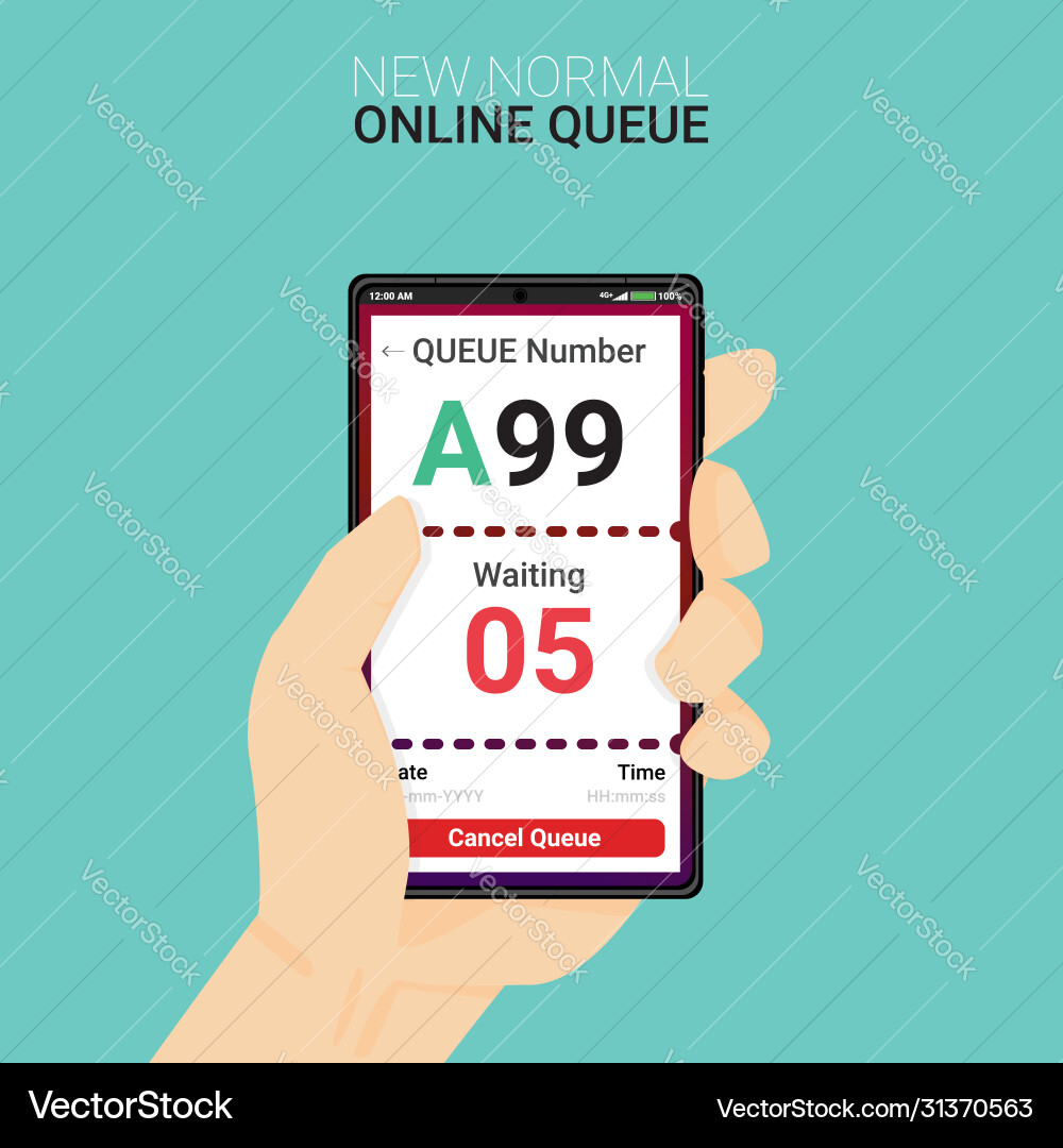 New normal customer use queue app to keep distance New normal customer use queue app to keep distance vector image