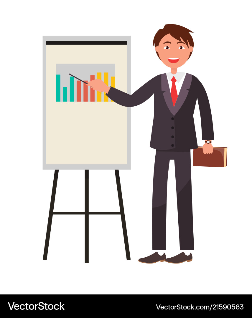 Smiling man showing on charts by pointer textbook Vector Image
