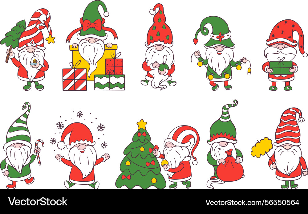 Christmas doodle gnomes cute dwarfs with gifts Vector Image