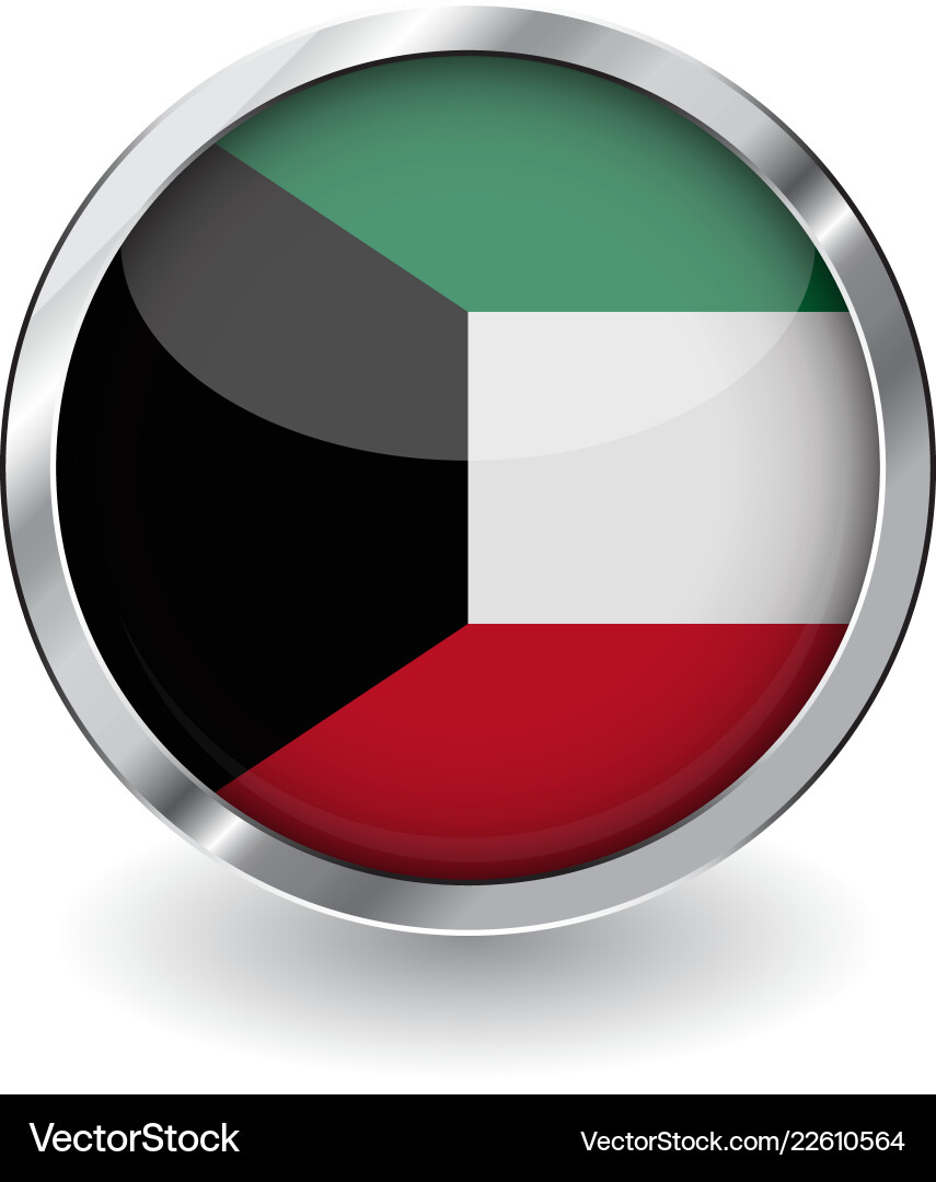 Flag of kuwait button with metal frame and shadow Flag of kuwait button with metal frame and shadow Vector Image
