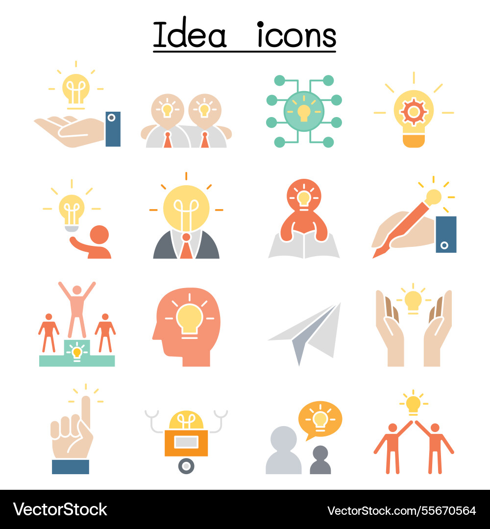 Idea and creative icon set in flat color style Idea and creative icon set in flat color style vector image