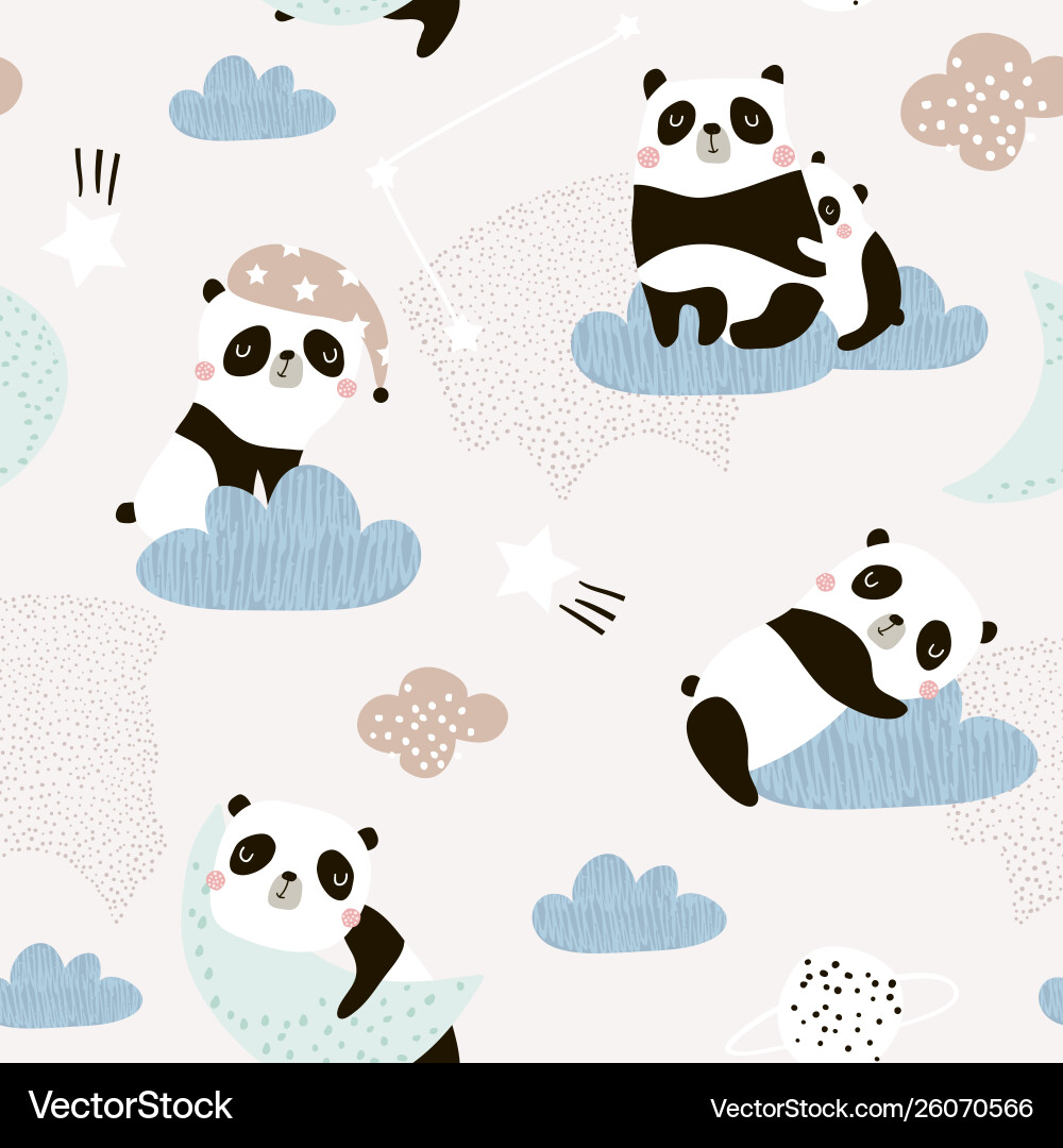 Cute Sleeping Pandas & Moon Pattern vector image