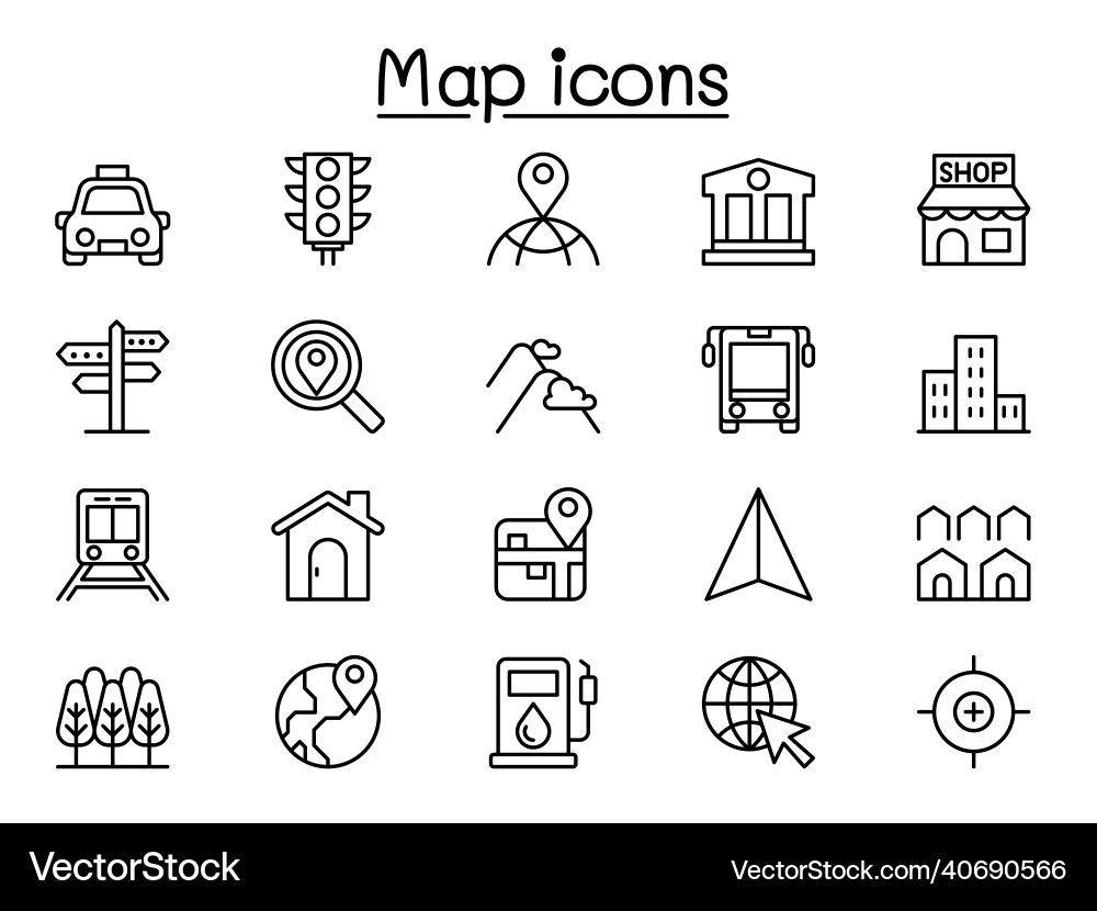 Map navigation icons set in thin line style Map navigation icons set in thin line style vector image