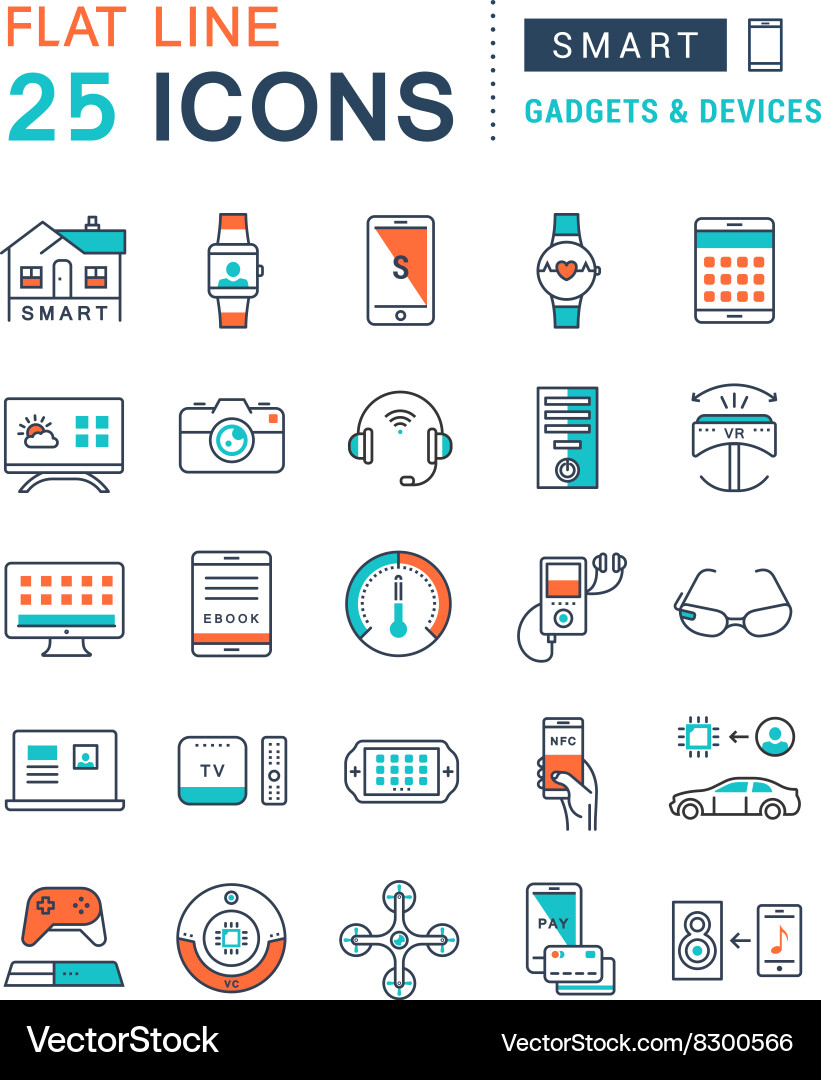 Set flat line icons smart device Vector Image