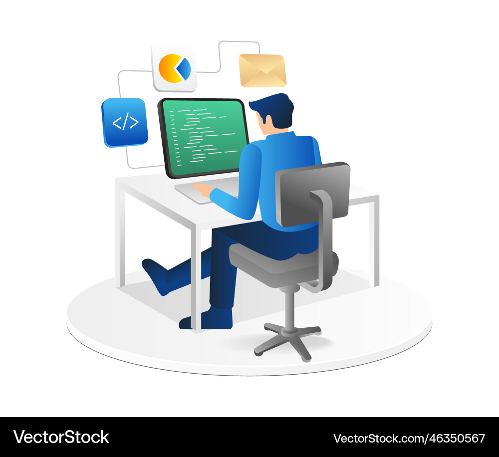 Isometric flat 3d concept of man typing program Isometric flat 3d concept of man typing program vector image