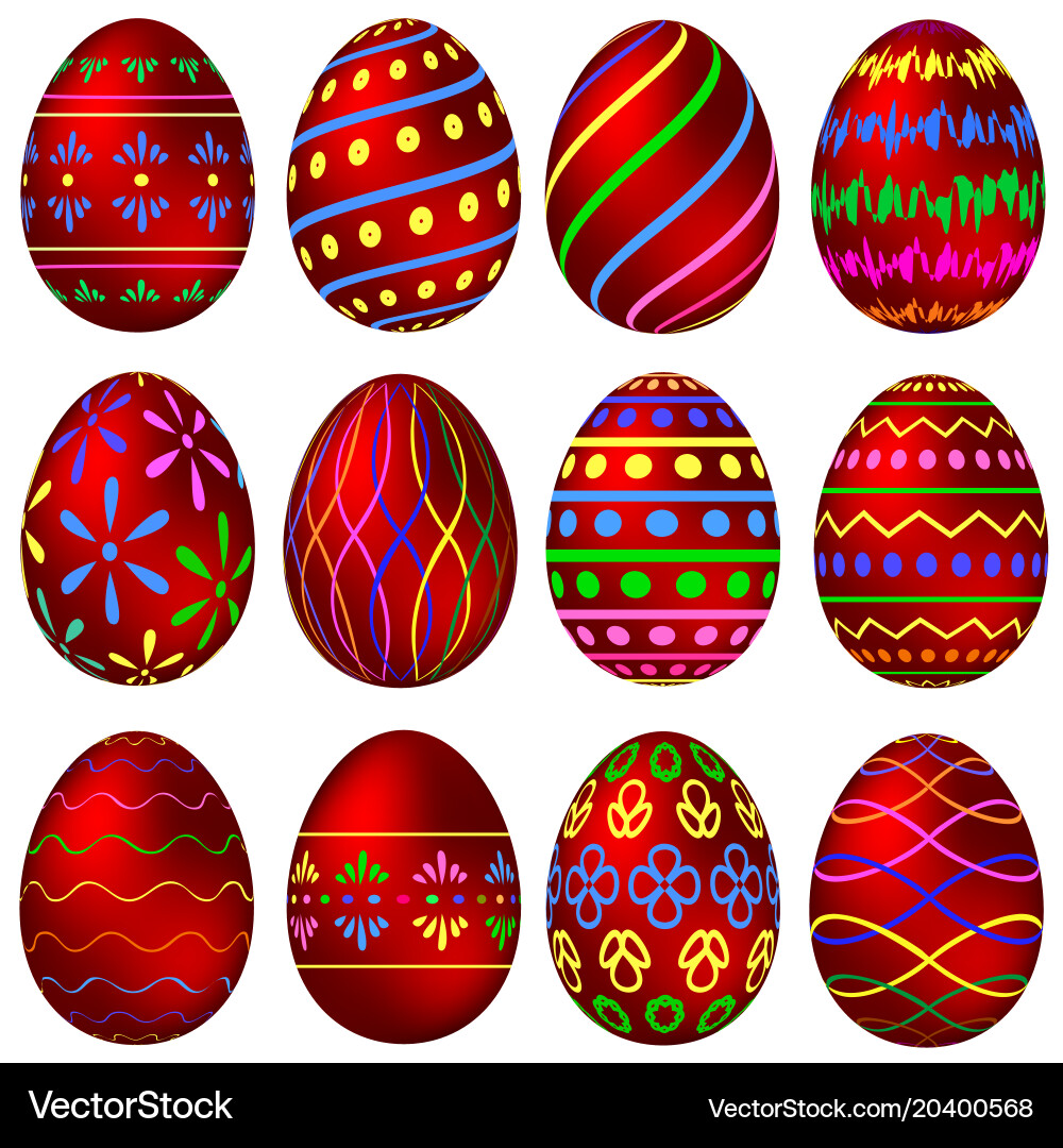 A set of red easter eggs with colorful patterns vector image