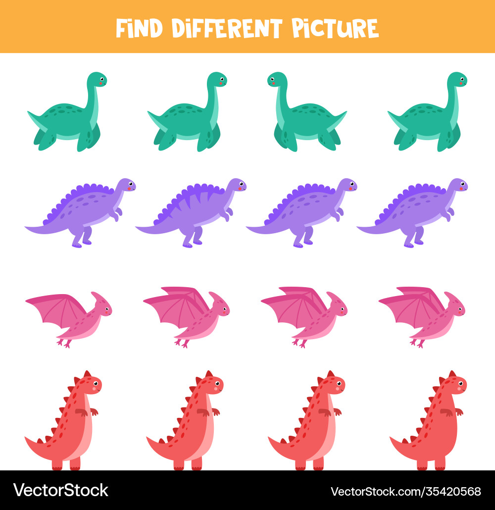 Find different dinosaur in each row logical game Vector Image