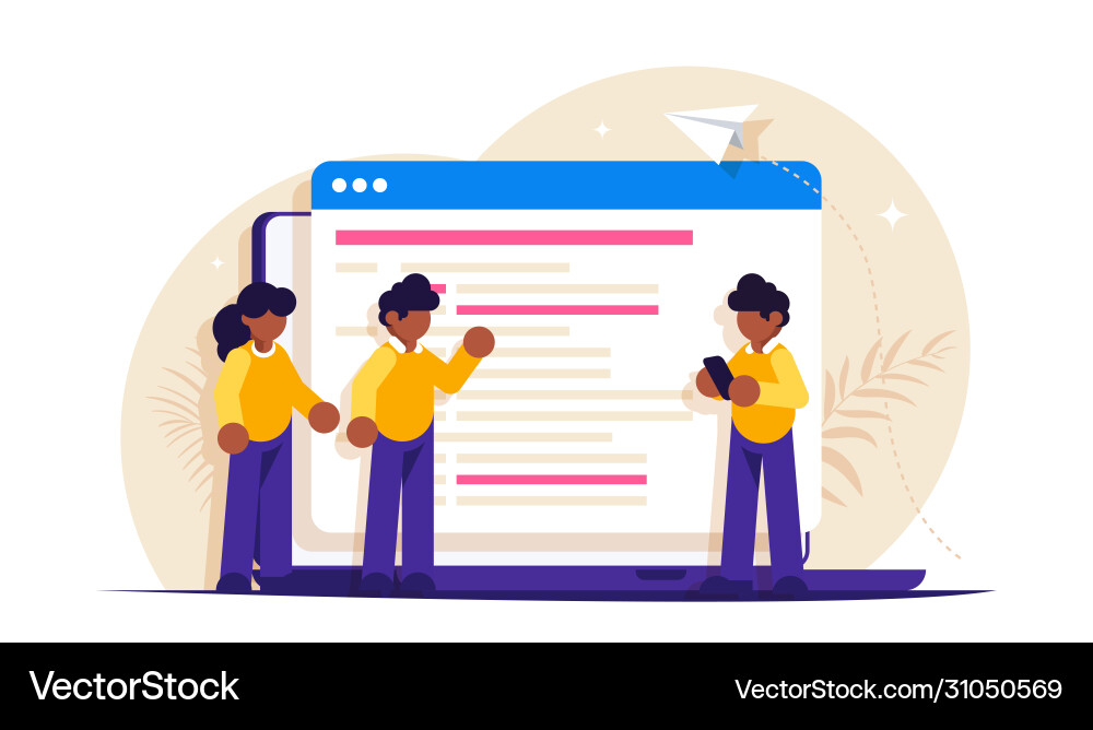 Programmers discuss code on laptop screen Programmers discuss code on laptop screen vector image
