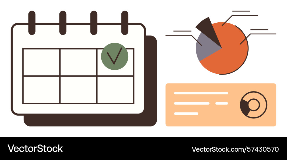 Calendar with checkmark pie chart and bar graph Calendar with checkmark pie chart and bar graph vector image