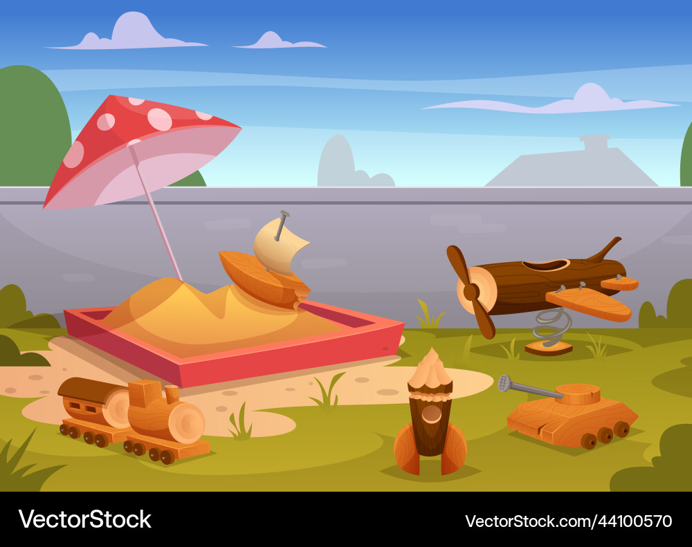 Playground kids playing with wooden toys cars Playground kids playing with wooden toys cars vector image