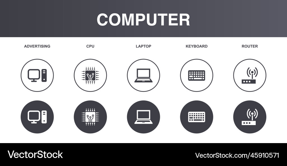 Computer cpu laptop keyboard router icons set vector image
