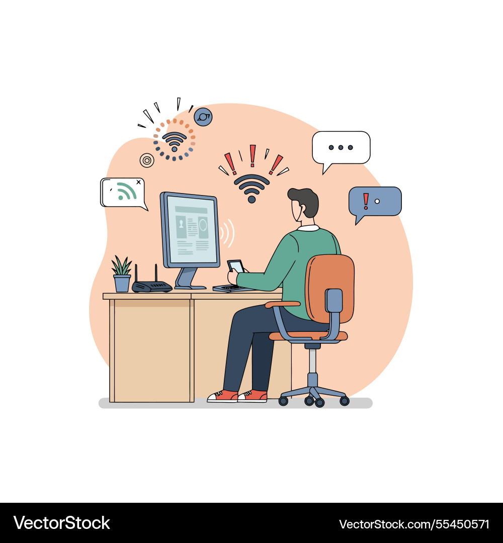 Man troubleshooting internet connection problems Man troubleshooting internet connection problems Vector Image