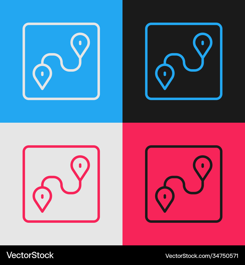 Pop art line route location icon isolated on color Vector Image