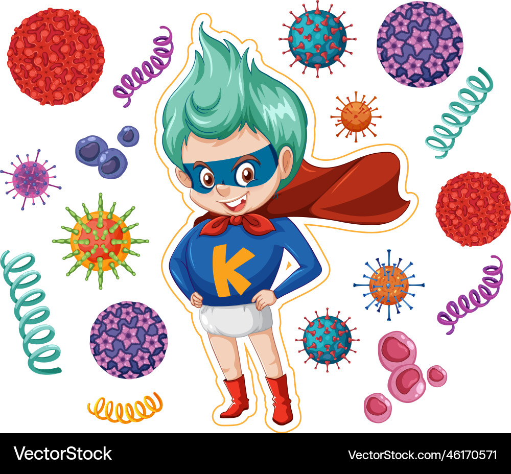 Super hero boy surrounded by germs Super hero boy surrounded by germs vector image
