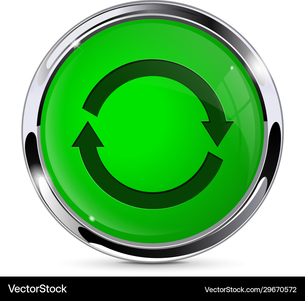 Green push button with refresh sign round web vector image
