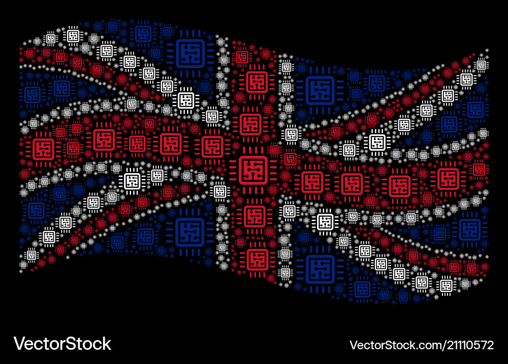 Waving uk flag mosaic of cpu circuit items Waving uk flag mosaic of cpu circuit items vector image