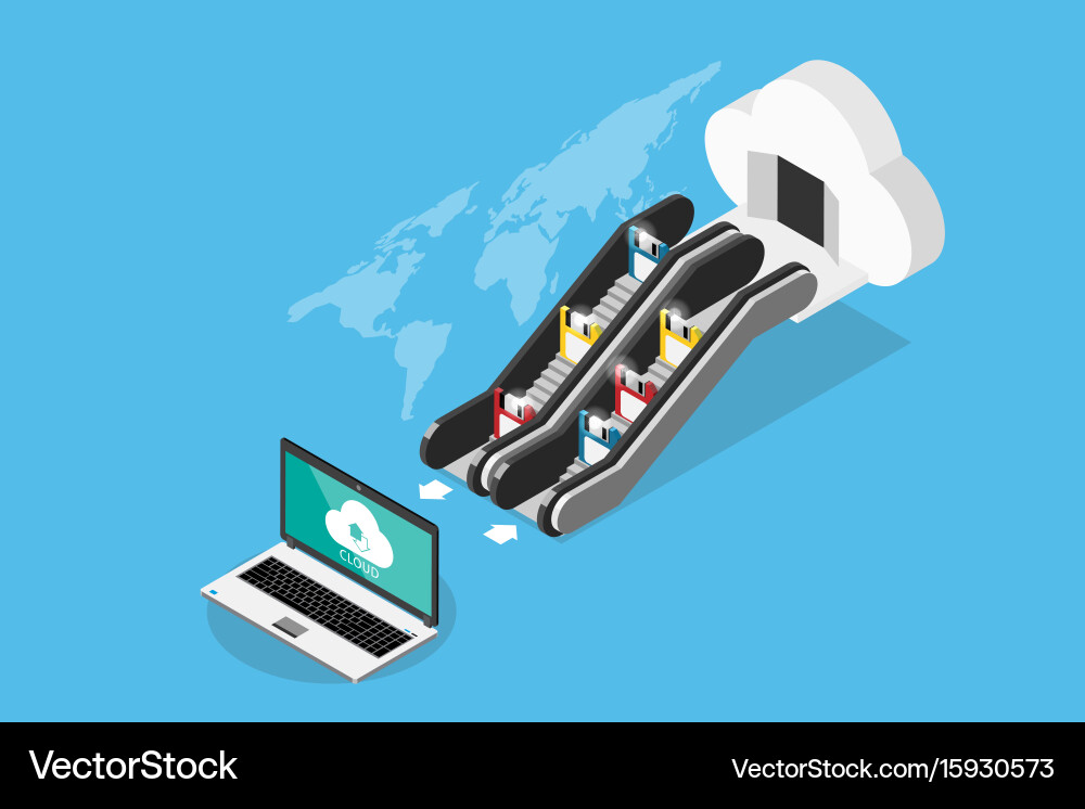 Floppy disks go to the cloud by escalators vector image