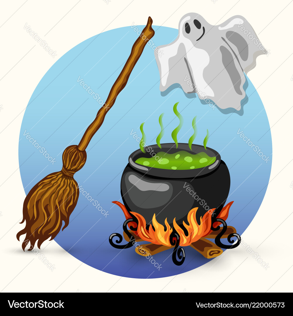 Halloween ghost broom witch cauldron Halloween ghost broom witch cauldron vector image