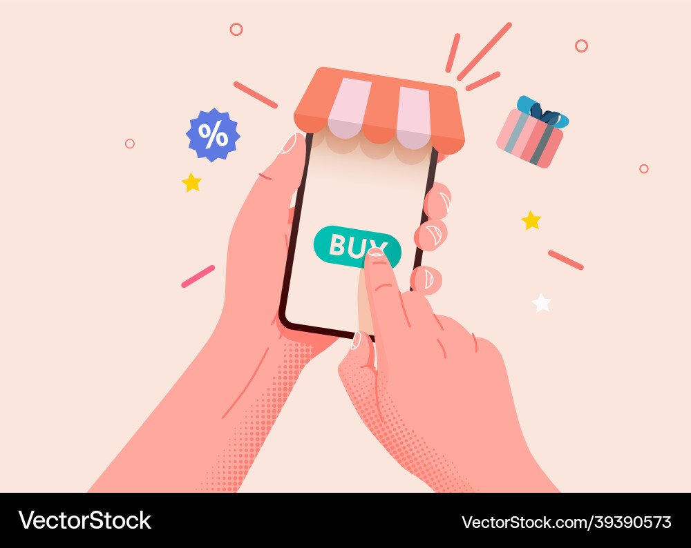 Hand holding mobile smart phone with shopp app Hand holding mobile smart phone with shopp app vector image